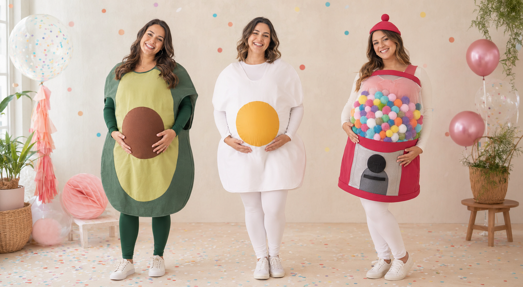 Fantasias para grávidas de abacate, ovo frito e máquina de doces colorida