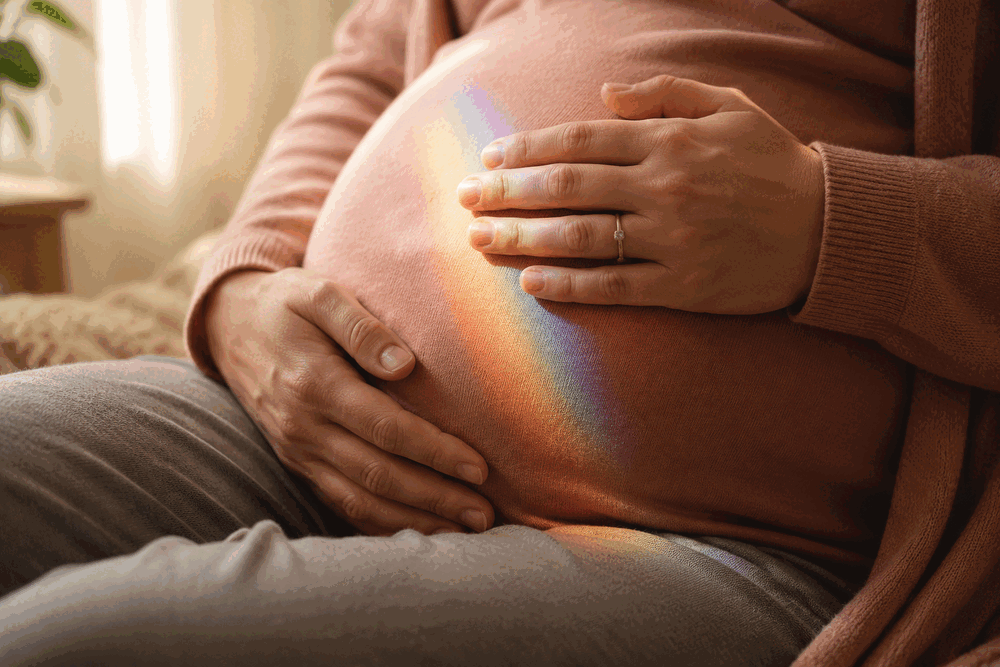 Mãos sobre a barriga de uma gestante iluminada pelas cores de um arco-íris, simbolizando uma gravidez após perda.