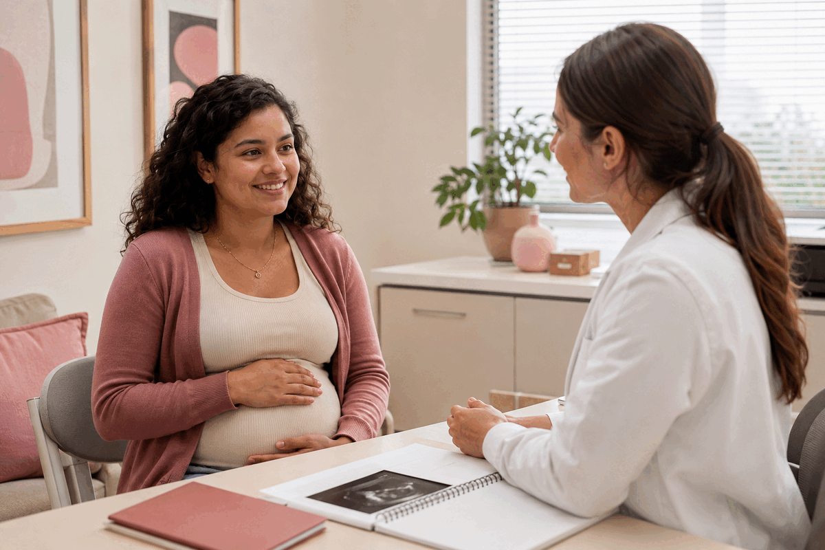 Gestante em consulta de pré-natal com profissional de saúde