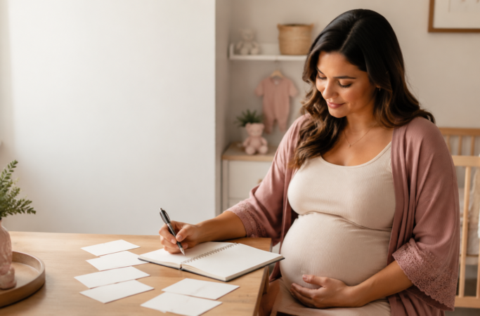 Gestante escrevendo ideias de nomes de bebê em alta em um caderno