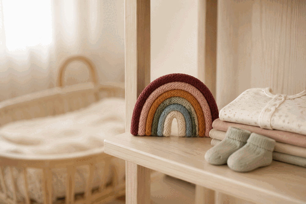Arco-íris de tricô ao lado de roupas de bebê em um quarto infantil, ilustrando o significado de bebê arco-íris.