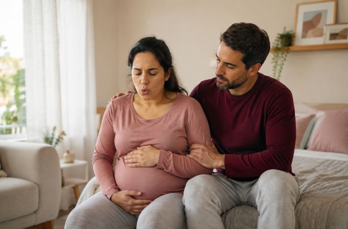 Gestante respirando durante uma contração com o apoio do acompanhante