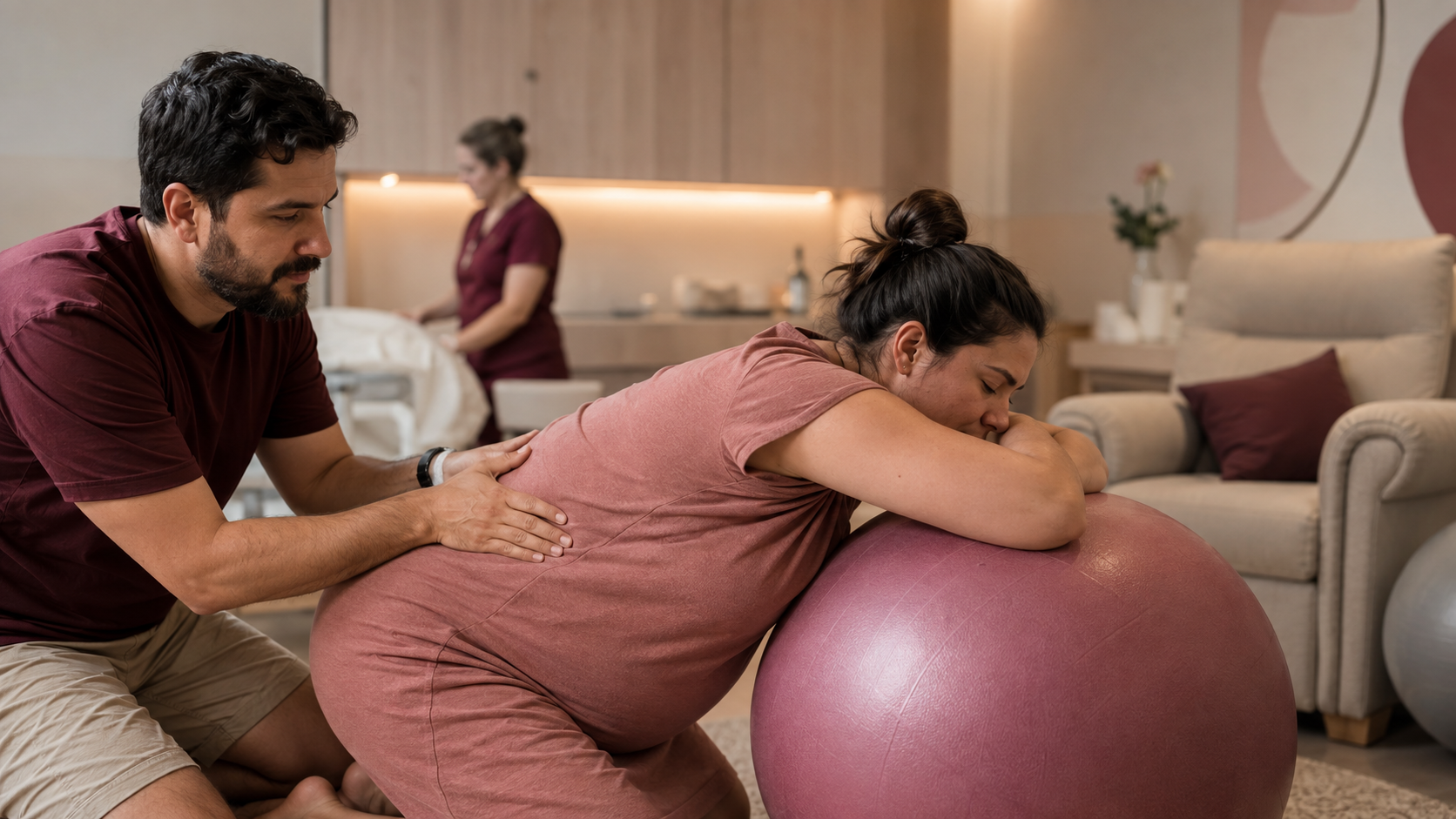 Gestante usando bola de parto enquanto recebe massagem do acompanhante