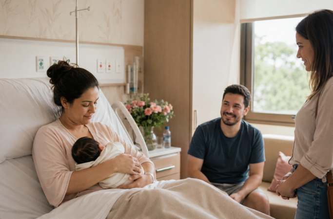 Visita na maternidade com mãe, bebê recém-nascido, acompanhante e visitante no quarto