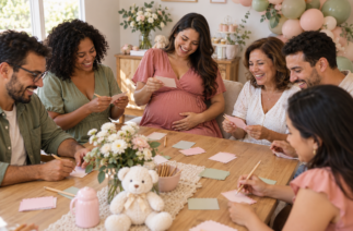 Gestante e convidados participando de brincadeiras para chá de bebê com cartões ao redor da mesa.