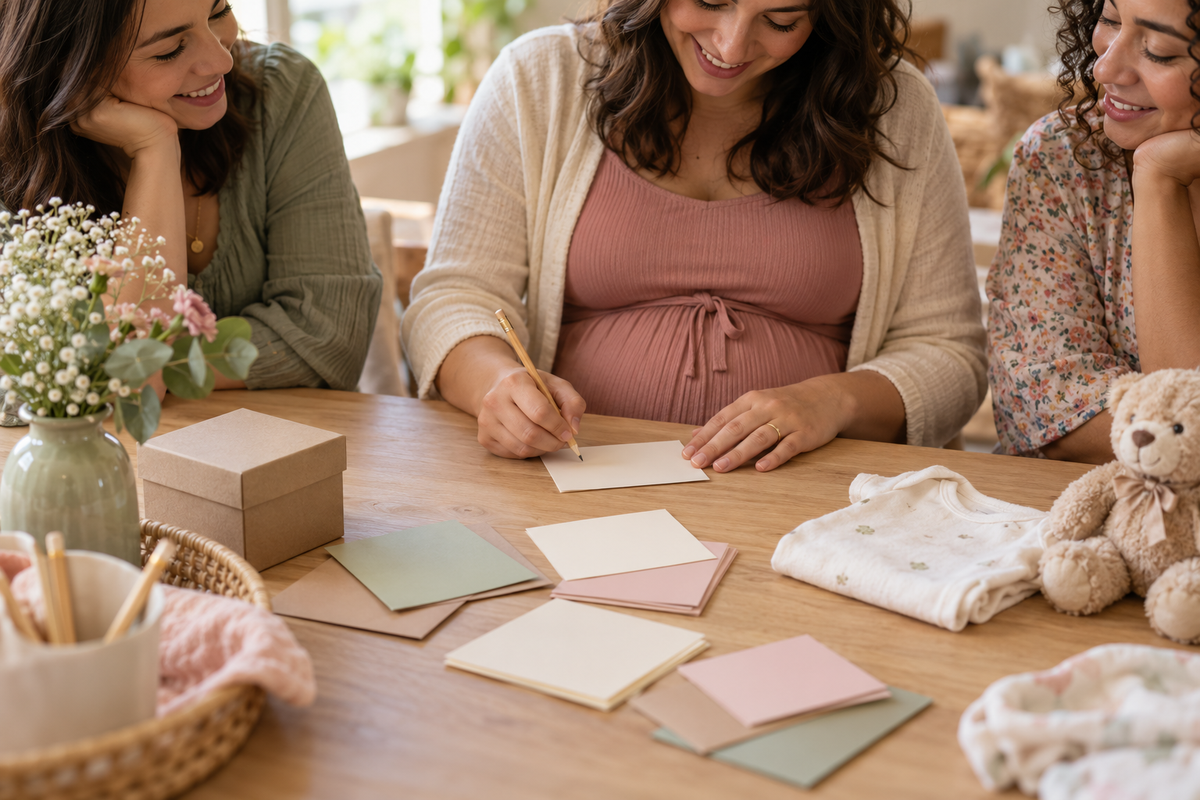 Gestante escrevendo um cartão de mensagem para o bebê, com amigas e materiais de brincadeiras sobre a mesa.