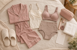 Kit maternidade para mãe com pijama, regata, sutiã de amamentação, calcinha pós-parto, pantufas e nécessaire