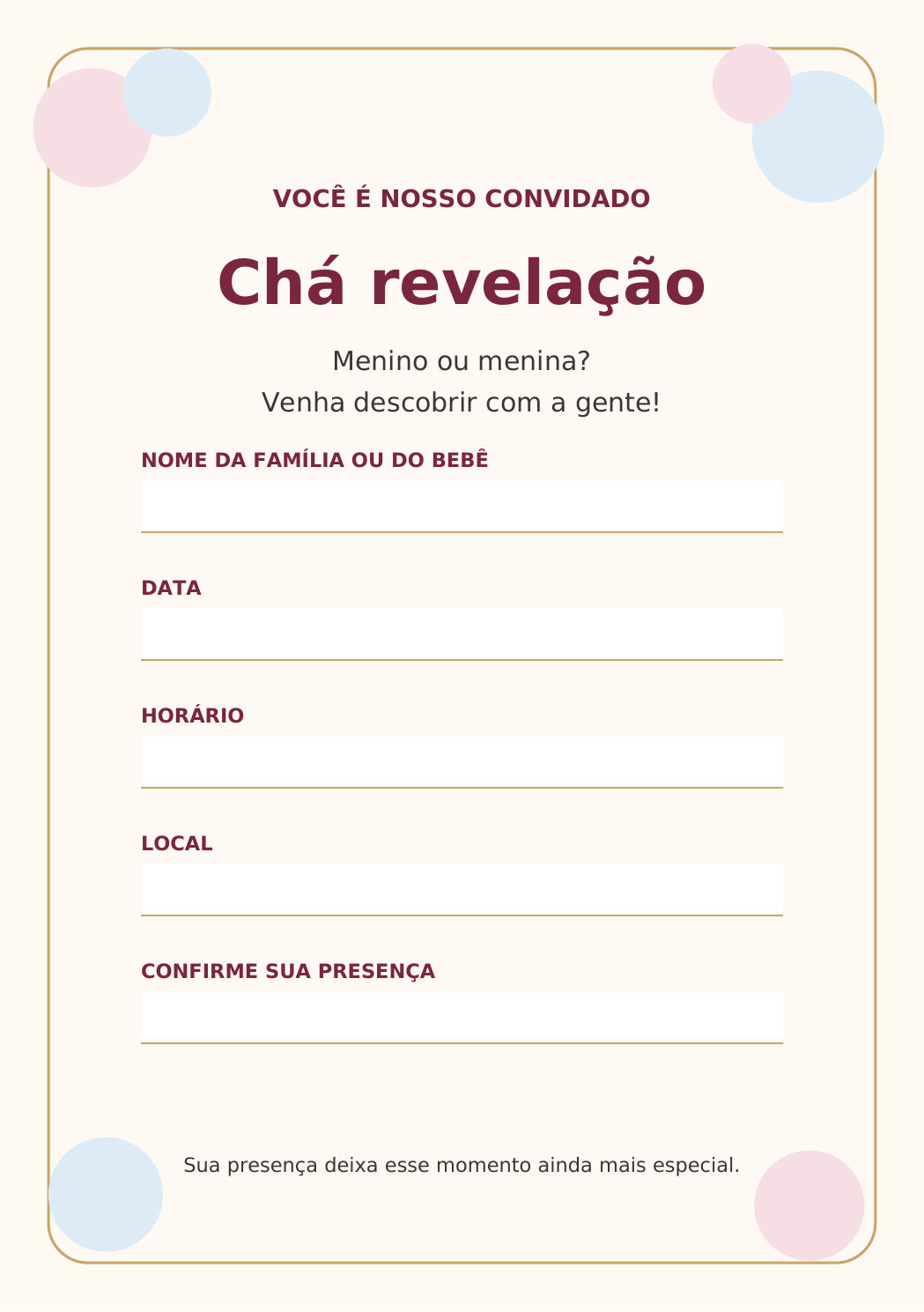 Modelo gratuito de convite de chá revelação com campos para nome, data, horário, local e confirmação