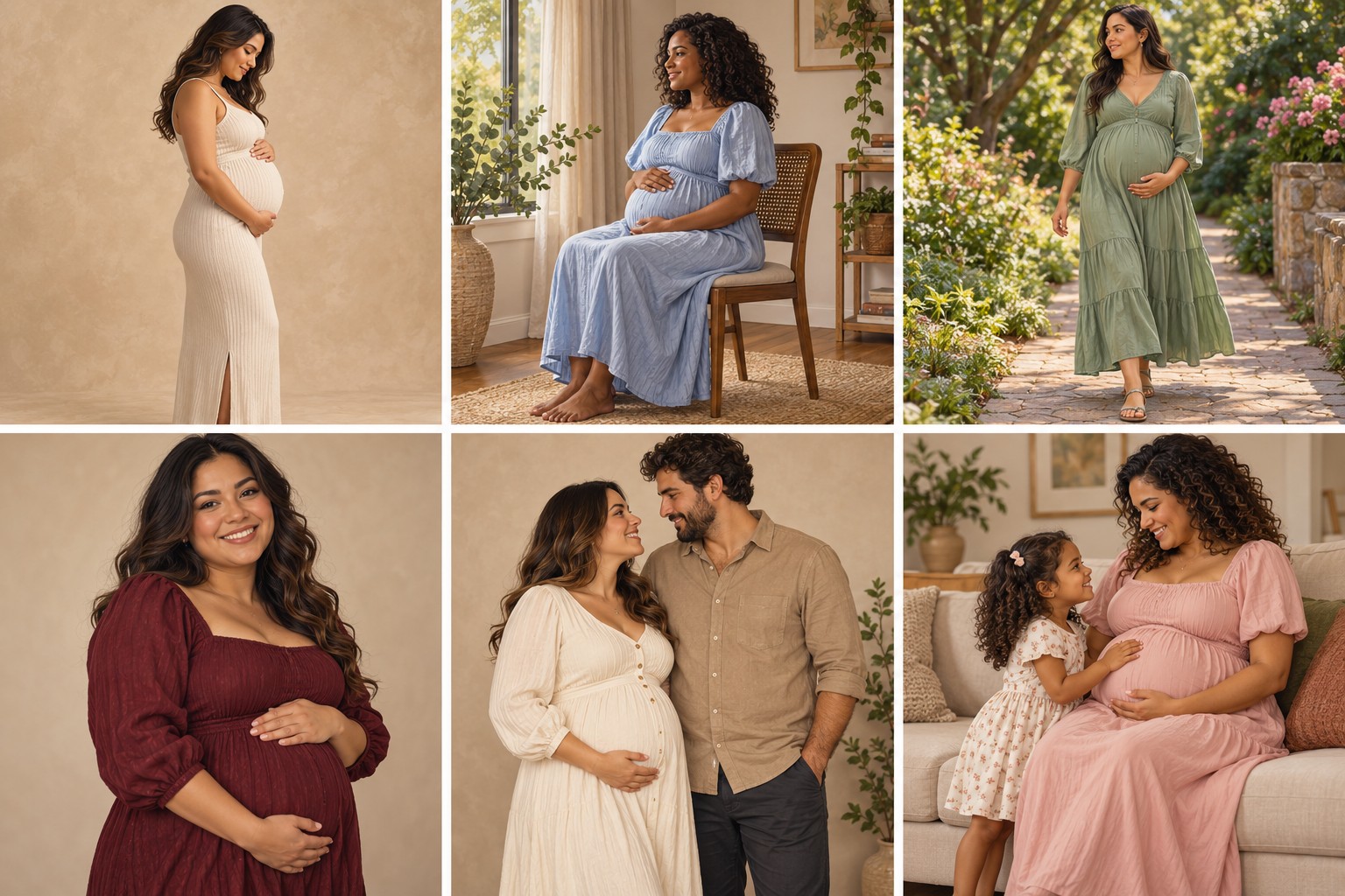 Seis inspirações de poses para ensaio de gestante: perfil, sentada, caminhando, retrato, casal e mãe com criança