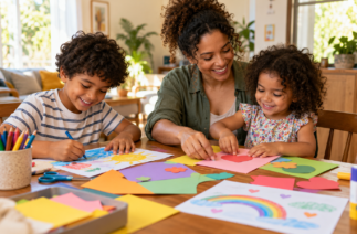 Mãe e duas crianças fazem desenhos e trabalhos com papel em casa.