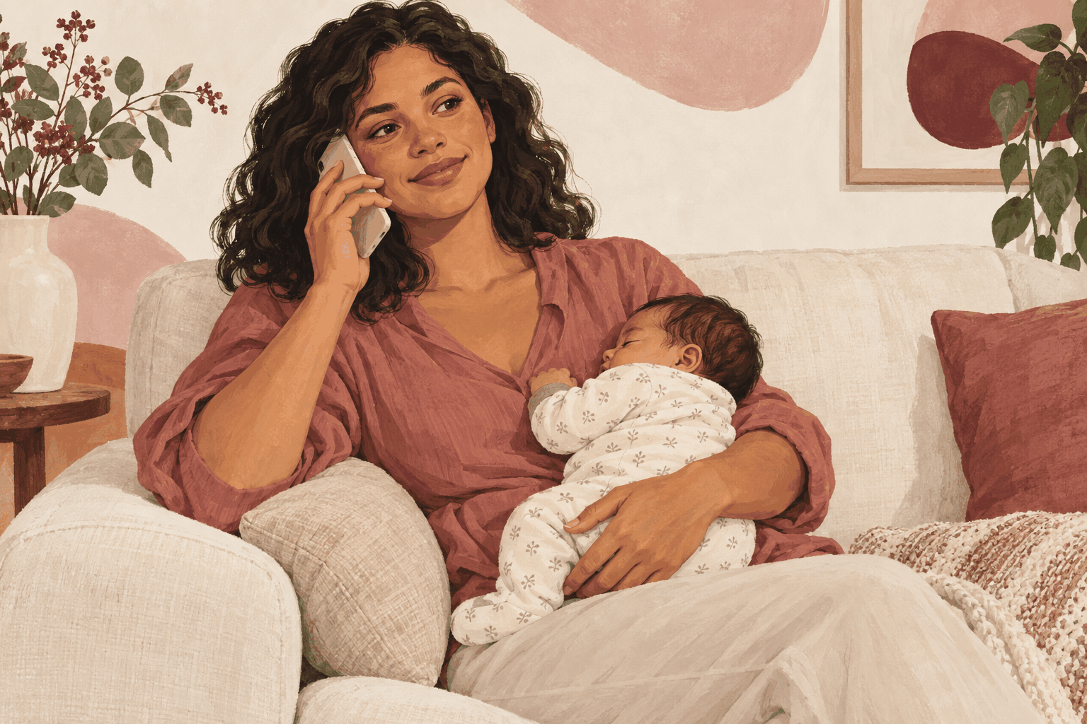 Ilustração de mãe com bebê no colo conversando ao telefone para buscar apoio na amamentação.