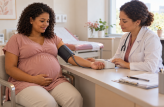 Gestante com a pressão medida por profissional de saúde durante consulta de pré-natal.
