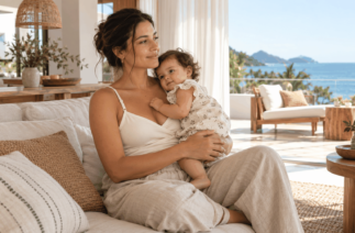 Mãe com bebê no colo usando roupas para amamentar no verão em uma sala iluminada