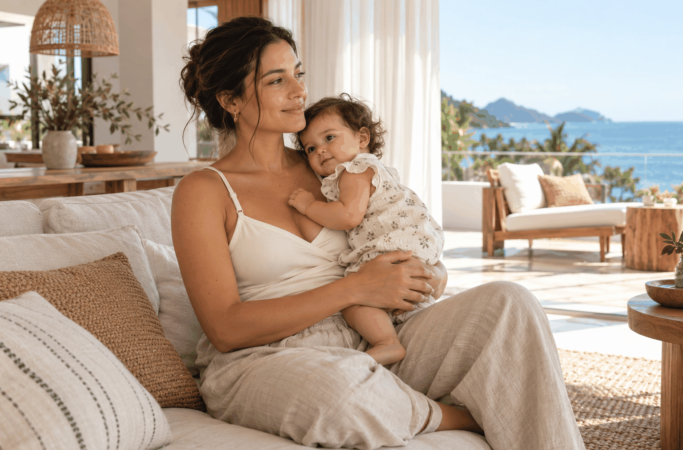 Mãe com bebê no colo usando roupas para amamentar no verão em uma sala iluminada