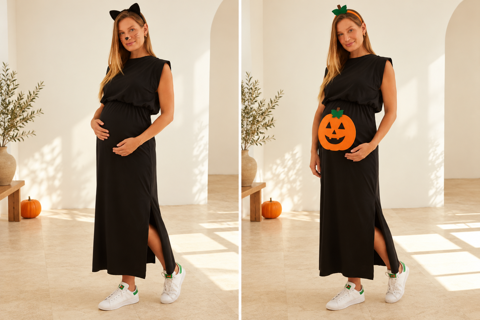 Simulação de fantasias de gata preta e abóbora para grávida com o vestido Básico Perfeito Cotton Premium da ASM