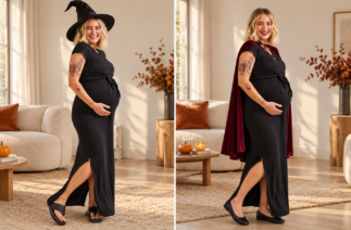 Fantasias de bruxa e vampira para grávida com o Vestido Melissa preto, chapéu e capa vinho