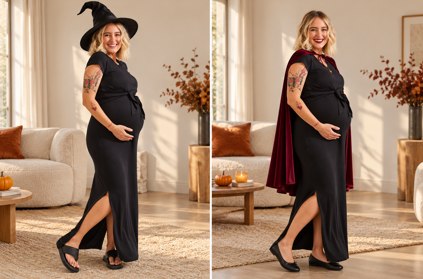 Simulação de fantasias de bruxa e vampira para grávida com o Vestido Melissa preto, chapéu e capa vinho