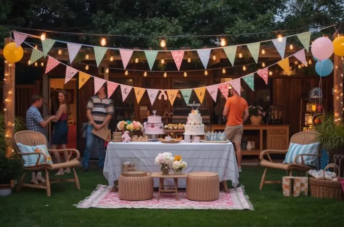 chá de beber decoração simples em casa com mesa de doces, fraldas e bandeirinhas para chá de bebêR ao ar livre