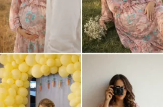 Gestante usando vestido rosa floral posa em ensaio ao ar livre, em chá de bebê e em fotos delicadas celebrando a maternidade e o Dia das Mães.