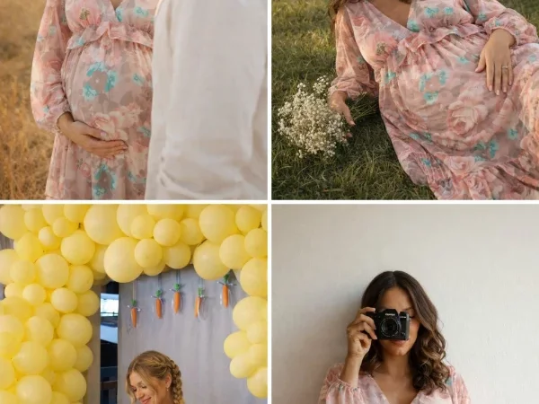 Gestante usando vestido rosa floral posa em ensaio ao ar livre, em chá de bebê e em fotos delicadas celebrando a maternidade e o Dia das Mães.