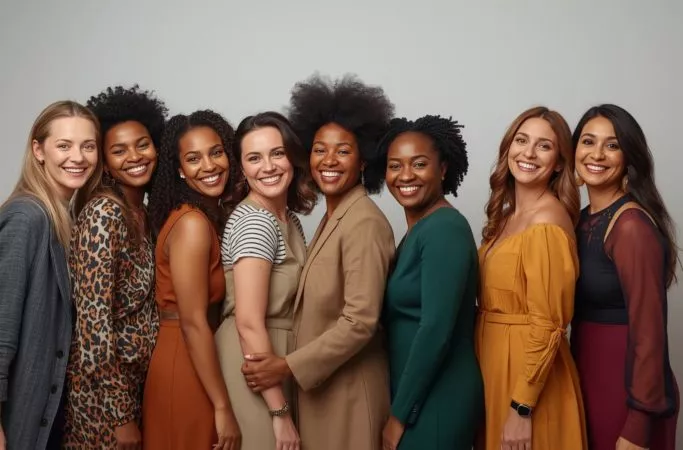 Mulheres diversas reunidas simbolizando os diferentes tipos de mãe e a pluralidade da maternidade