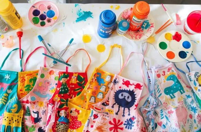 Aventais coloridos e materiais de arte organizados para decoração de festa da pintura infantil