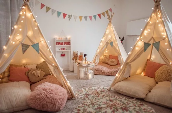 Festa do pijama para crianças com cabaninhas decoradas e luzes aconchegantes