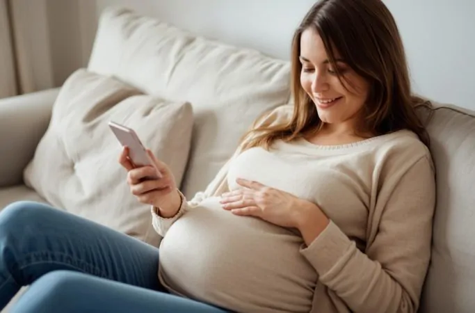 Gestante usando aplicativo para acompanhar o desenvolvimento do bebê