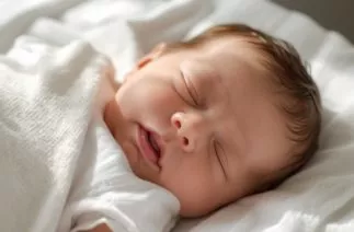 Sono do bebê: recém-nascido dormindo tranquilamente em cama aconchegante durante a noite