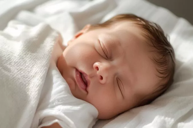 Sono do bebê: recém-nascido dormindo tranquilamente em cama aconchegante durante a noite