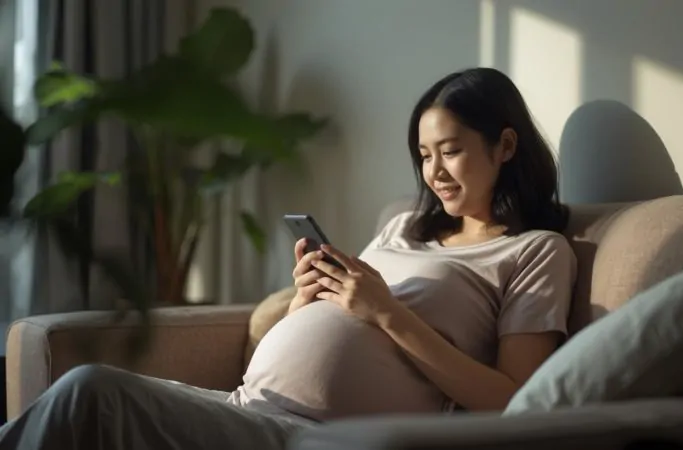 Gestante sentada no sofá usando app de gravidez no celular para acompanhar a gestação semana a semana