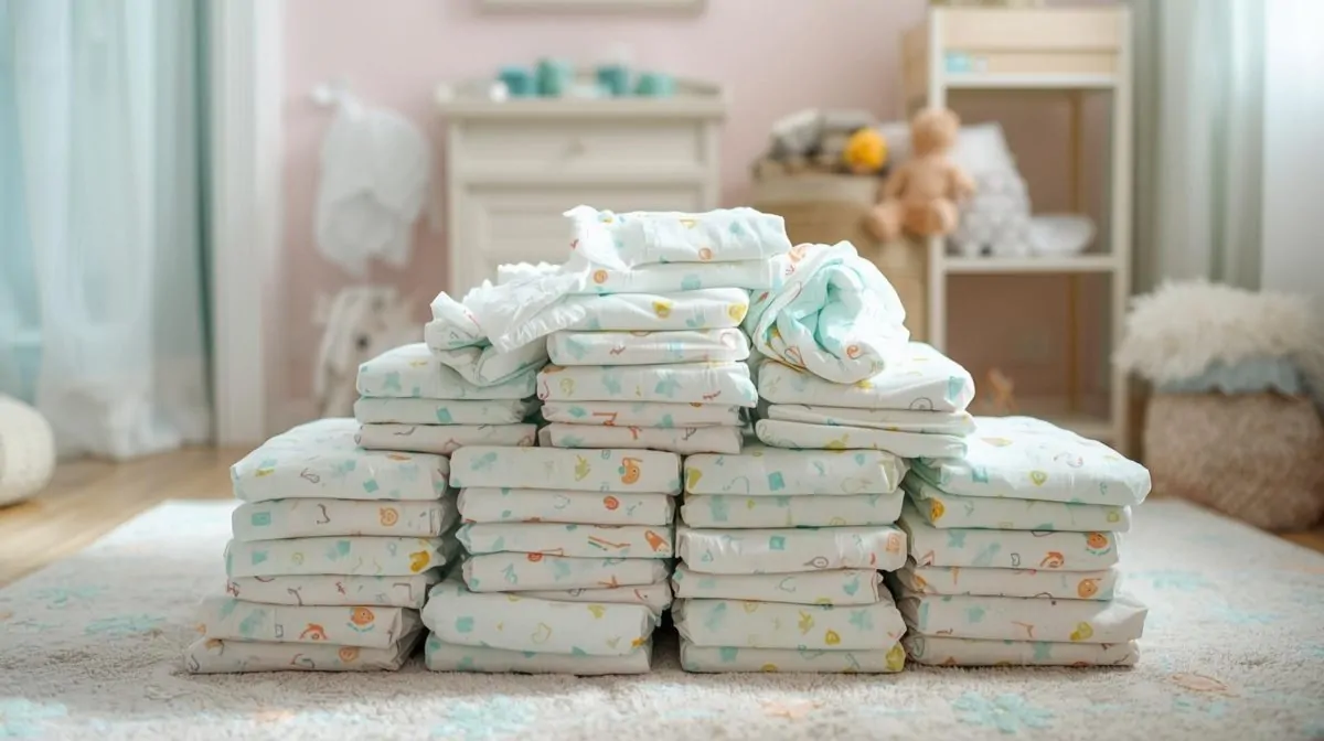 Fraldas empilhadas, representando quantas fraldas o bebê usa por mês e por fase