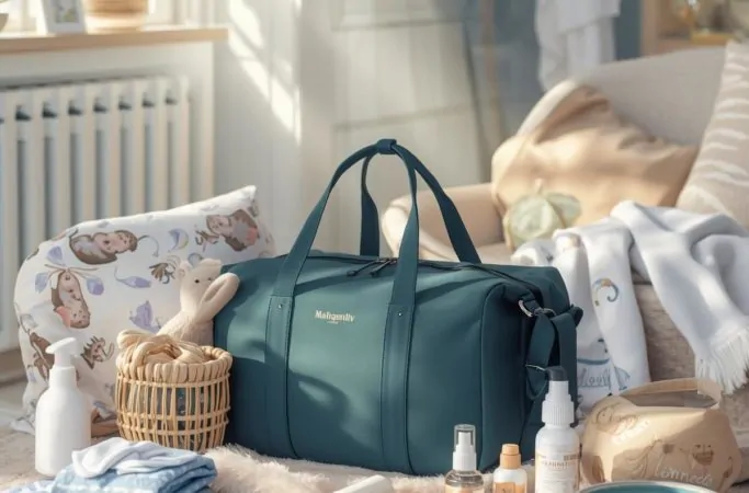 mala da maternidade com itens essenciais para mãe e bebê, como fraldas, produtos de higiene, mantas e bolsa maternidade