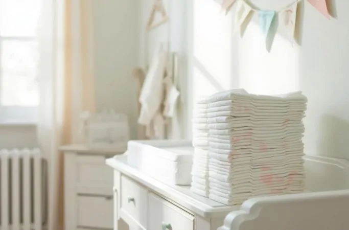 Pilha de fraldas organizadas no quarto do bebê, ilustrando quantas fraldas o bebê usa ao longo do primeiro ano