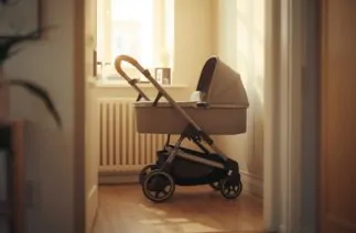 Carrinho bebê compacto em apartamento pequeno, posicionado no corredor com iluminação natural, ideal para espaços reduzidos.
