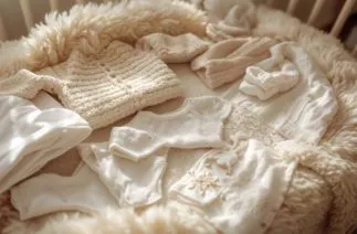 Roupas essenciais do enxoval do bebê recém-nascido organizadas dentro do berço, incluindo body, casaquinho e manta.