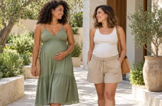 Roupas de verão para gestantes: vestido verde e regata clara com shorts em um jardim.