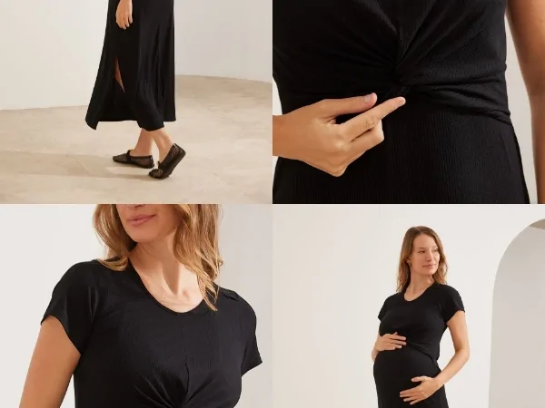 Vestido para gestante preto midi canelado com detalhe frontal e abertura lateral, modelagem confortável para gravidez e amamentação.