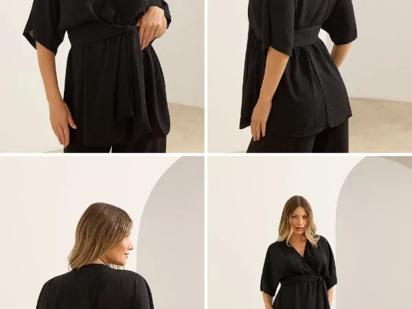 Blusa para gestante preta com transpasse e faixa ajustável, modelo confortável para gravidez e amamentação