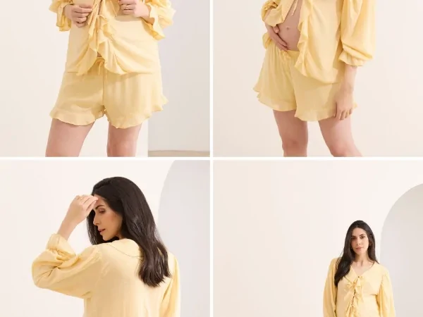 Conjunto com shorts para gestante amarelo e blusa leve ideal para looks confortáveis na gravidez