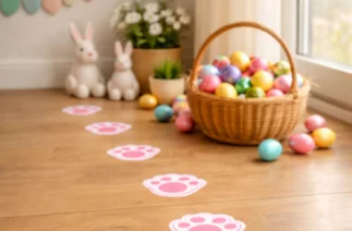 decoraçao de pascoa com caminho de pegadas de coelho até ela