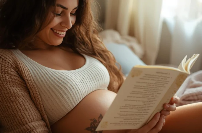 Gestante sorrindo enquanto lê um livro com frases para gestantes, acariciando a barriga durante a gravidez