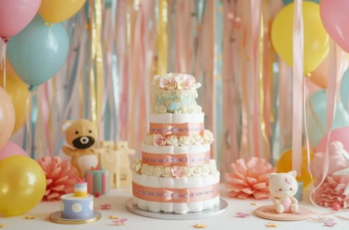 Decoração colorida de chá de fraldas com bolo de fraldas, balões e enfeites infantis delicados