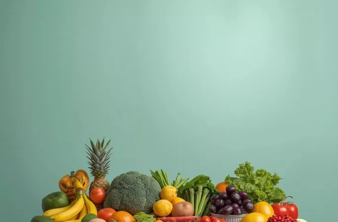 alimentação para gestante com frutas, verduras e legumes variados organizados sobre mesa, representando alimentação saudável durante a gravidez