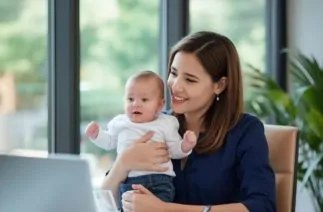 mulher conciliando maternidade e carreira em home office enquanto cuida do bebê no colo