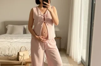 Roupas para ensaio gestante em casa: conjunto rosa claro com calça e amarração frontal