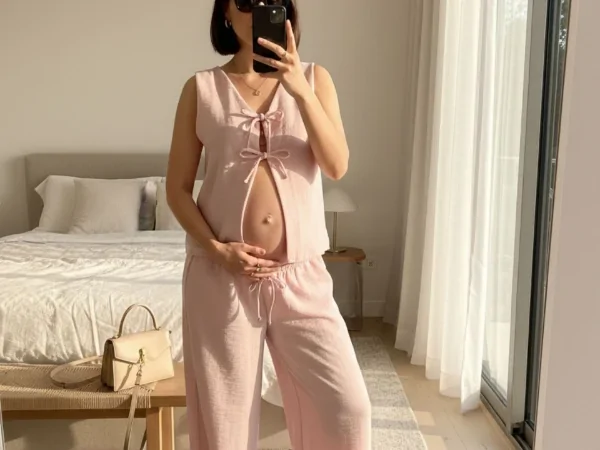 Roupas para ensaio gestante em casa: conjunto rosa claro com calça e amarração frontal
