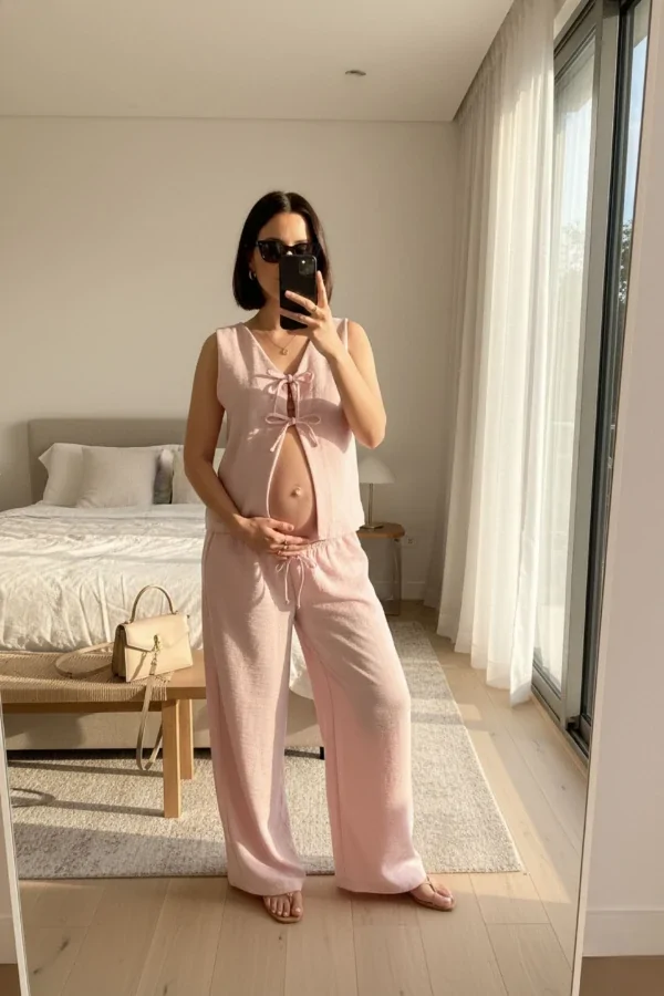 Roupas para ensaio gestante em casa: conjunto rosa claro com calça e amarração frontal