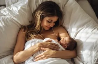 mãe no puerpério segurando recém-nascido no colo na cama com carinho