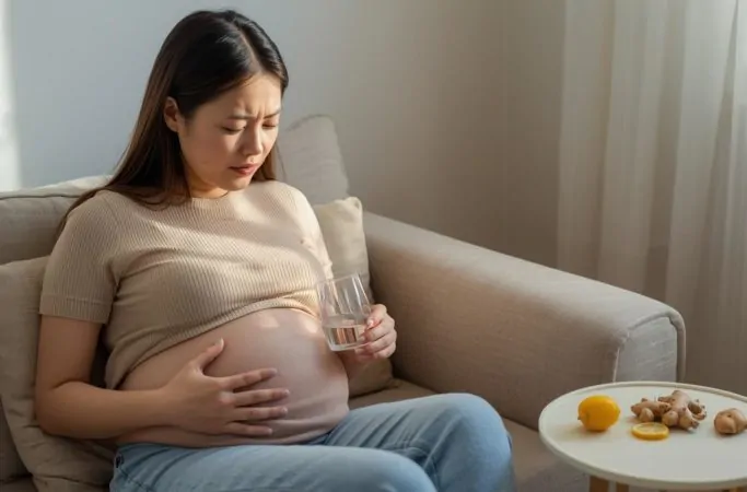 Remédio para enjoo na gravidez: grávida sentada no sofá com mal-estar segurando água, com limão e gengibre ao lado